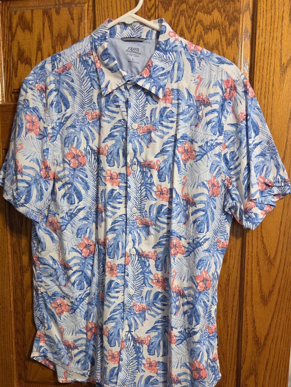 Izod Tropical Blue and Pink Short-Sleeve Button-Down Shirt